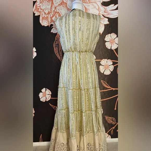 STUNNING Embroidered Maxi Dress in Metallic Gold & Cream w/ Mirror Accents - Picture 6 of 7
